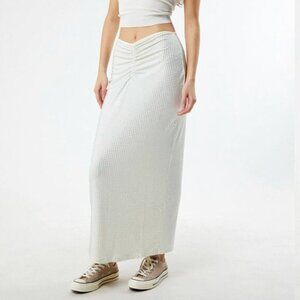 NWOT WEWOREWHAT Crystal Midi Skirt Spandex Ecru White Silver Rhinestone Cinched